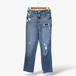We the Free High Rise Slim Straight Jeans Size 28 Distressed Medium Wash Raw Hem